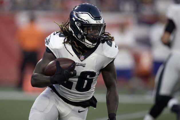 Philadelphia Eagles running back Jay Ajayi runs for yardage during the first half of a preseason NFL football game, Thursday, Aug. 16, 2018, in Foxborough, Mass. (AP Photo/Charles Krupa)