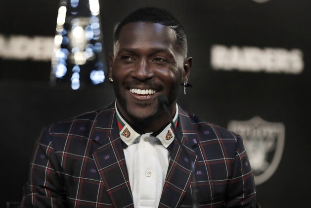 Oakland Raiders wide receiver Antonio Brown smiles during the NFL football team's news conference Wednesday, March 13, 2019, in Alameda, Calif. (AP Photo/Ben Margot)