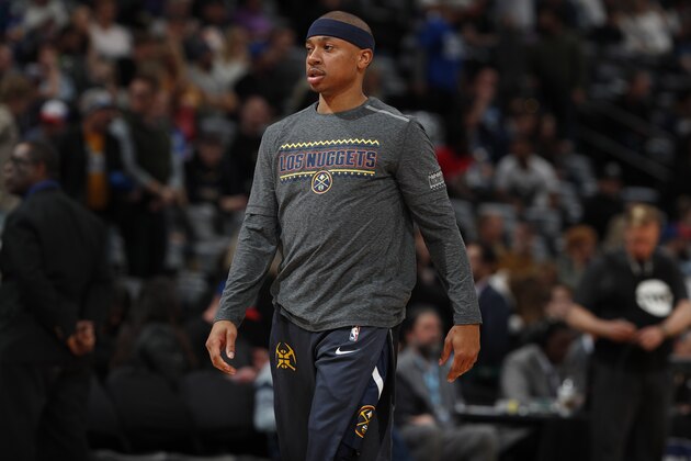 Denver Nuggets guard Isaiah Thomas (0) in the second half of an NBA basketball game Thursday, March 14, 2019, in Denver. The Nuggets won 100-99. (AP Photo/David Zalubowski)