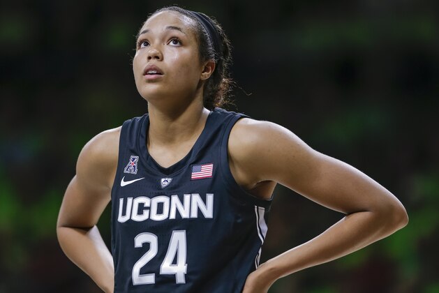 SOUTH BEND, IN - DECEMBER 02: Napheesa Collier #24 of the Connecticut Huskies is seen during the game against the Notre Dame Fighting Irish at Purcell Pavilion on December 2, 2018 in South Bend, Indiana. (Photo by Michael Hickey/Getty Images)
