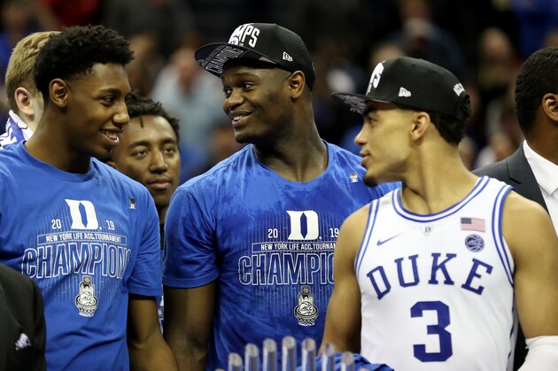 CHARLOTTE, NORTH CAROLINA - MARCH 16: Teammates Zion Williamson #1, RJ Barrett #5, and Tre Jones #3 of the Duke Blue Devils react after defeating the Florida State Seminoles 73-63 in the championship game of the 2019 Men's ACC Basketball Tournament at Spectrum Center on March 16, 2019 in Charlotte, North Carolina. (Photo by Streeter Lecka/Getty Images) CHARLOTTE, NORTH CAROLINA - MARCH 16: Teammates Zion Williamson #1, RJ Barrett #5, and Tre Jones #3 of the Duke Blue Devils react after defeating the Florida State Seminoles 73-63 in the championship game of the 2019 Men's ACC Basketball Tournament at Spectrum Center on March 16, 2019 in Charlotte, North Carolina. (Photo by Streeter Lecka/Getty Images)
