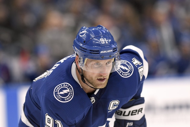Tampa Bay Lightning center Steven Stamkos (91) during the third period of an NHL hockey game against the Arizona Coyotes Monday, March 18, 2019, in Tampa, Fla. (AP Photo/Jason Behnken)