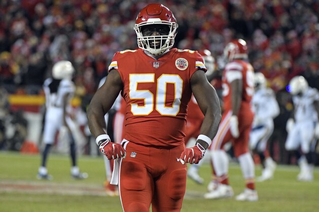 Kansas City Chiefs linebacker Justin Houston (50) celebrates a tackle during the second half of an NFL football game against the Los Angeles Chargers in Kansas City, Mo., Saturday, Dec. 16, 2017. (AP Photo/Ed Zurga)