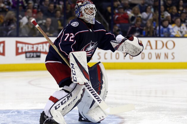 Columbus Blue Jackets goalie Sergei Bobrovsky, of Russia, is seen against the Pittsburgh Penguins during an NHL hockey game in Columbus, Ohio, Saturday, March 9, 2019. The Blue Jackets won 4-1. (AP Photo/Paul Vernon) Columbus Blue Jackets goalie Sergei Bobrovsky, of Russia, is seen against the Pittsburgh Penguins during an NHL hockey game in Columbus, Ohio, Saturday, March 9, 2019. The Blue Jackets won 4-1. (AP Photo/Paul Vernon)