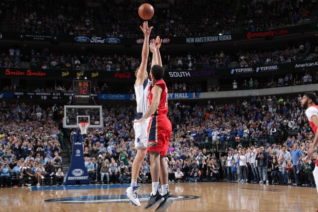 DALLAS, TX - MARCH 18: Dirk Nowitzki #41 of the Dallas Mavericks moves to the #6 spot on the All-Time scoring leaders list during the game against the New Orleans Pelicans on March 18, 2019 at the American Airlines Center in Dallas, Texas. NOTE TO USER: User expressly acknowledges and agrees that, by downloading and or using this photograph, User is consenting to the terms and conditions of the Getty Images License Agreement. Mandatory Copyright Notice: Copyright 2019 NBAE (Photo by Glenn James/NBAE via Getty Images)