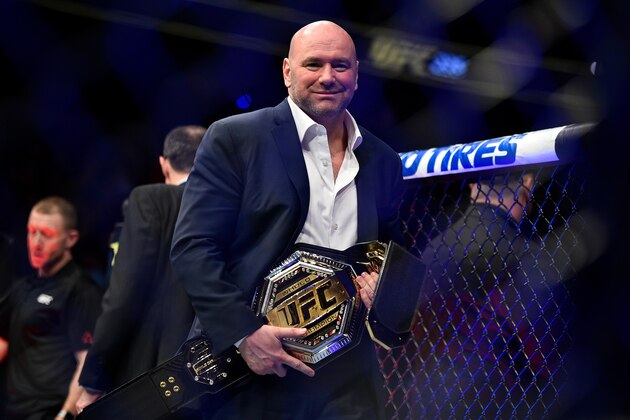LAS VEGAS, NEVADA - MARCH 02:  UFC President Dana White holds the UFC Legacy championship belt during the UFC 235 event at T-Mobile Arena on March 2, 2019 in Las Vegas, Nevada. (Photo by Chris Unger/Zuffa LLC/Zuffa LLC via Getty Images)