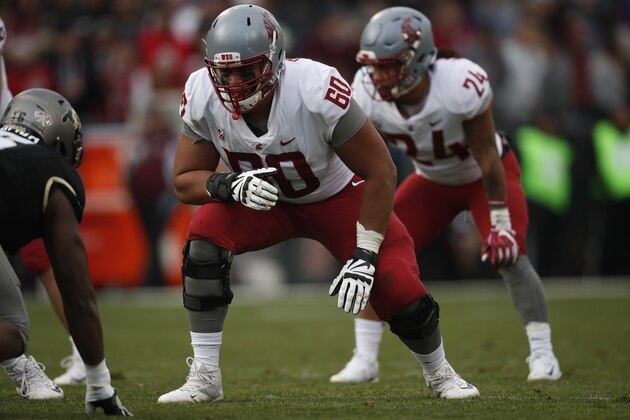 Washington State Cougars offensive lineman Andre Dillard (60) in the second half of an NCAA college football game Saturday, Nov. 10, 2018, in Boulder, Colo. Washington State won 31-7. (AP Photo/David Zalubowski)