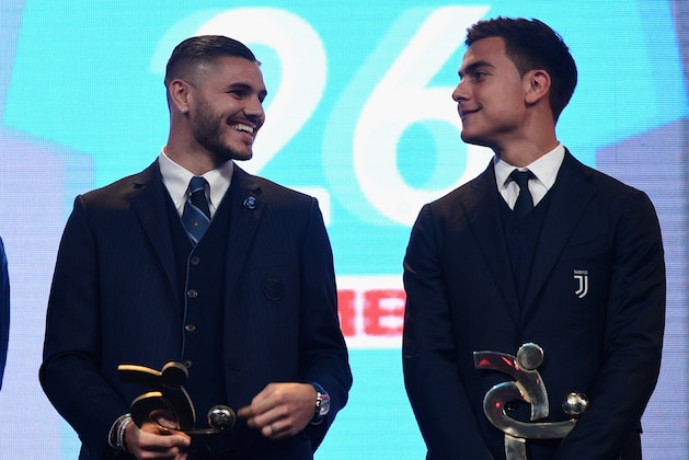 MILAN, ITALY - DECEMBER 03:  Mauro Icardi of FC Internazionale (L) and Paulo Dybala of Juventus attend the Gran Gala Del Calcio 2018 on December 3, 2018 in Milan, Italy.  (Photo by Claudio Villa./Getty Images)