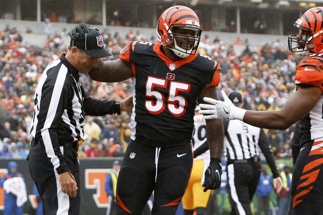 Cincinnati Bengals linebacker Vontaze Burfict (55) reacts in the first half of an NFL football game against the Pittsburgh Steelers, Sunday, Oct. 14, 2018, in Cincinnati. (AP Photo/Frank Victores)