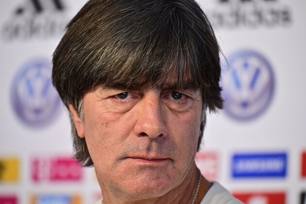 Germany's head coach Joachim Loew looks on as he addresses the media during a press conference on the eve of the friendly football match Germany v Serbia in Wolfsburg on March 19, 2019. (Photo by Tobias SCHWARZ / AFP)        (Photo credit should read TOBIAS SCHWARZ/AFP/Getty Images)