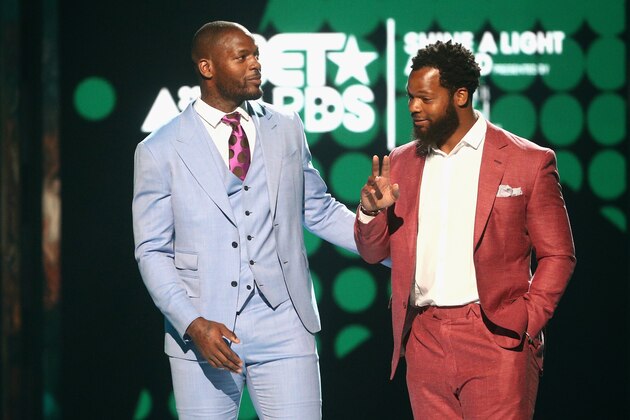 LOS ANGELES, CA - JUNE 25:  Martellus Bennett and Michael Bennett speak onstage at 2017 BET Awards at Microsoft Theater on June 25, 2017 in Los Angeles, California.  (Photo by Frederick M. Brown/Getty Images )