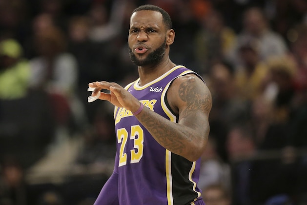 Los Angeles Lakers' LeBron James reacts during the second half of an NBA basketball game against the New York Knicks, Sunday, March 17, 2019, in New York. (AP Photo/Seth Wenig)