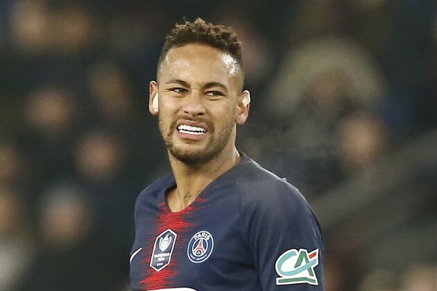 FILE - In this Wednesday, Jan. 23, 2019 file photo, PSG's Neymar reacts after he missed a goal opportunity during the French Cup soccer match between Paris Saint Germain and Strasbourg at the Parc des Princes stadium in Paris. Neymar will need further tests next week to determine how best to treat his latest right foot injury, sustained in a French Cup game against Strasbourg last Tuesday Jan. 15, 2019, and to assess how long he will be out for. (AP Photo/Michel Euler, File)