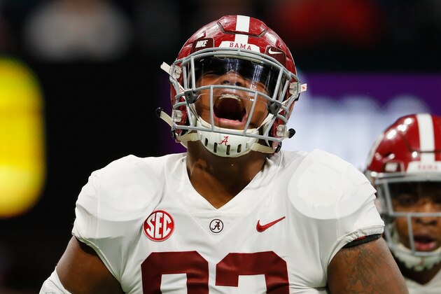 ATLANTA, GA - DECEMBER 01:  Quinnen Williams #92 of the Alabama Crimson Tide reacts after sacking Jake Fromm #11 of the Georgia Bulldogs (not pictured) in the first half during the 2018 SEC Championship Game at Mercedes-Benz Stadium on December 1, 2018 in Atlanta, Georgia.  (Photo by Kevin C. Cox/Getty Images)