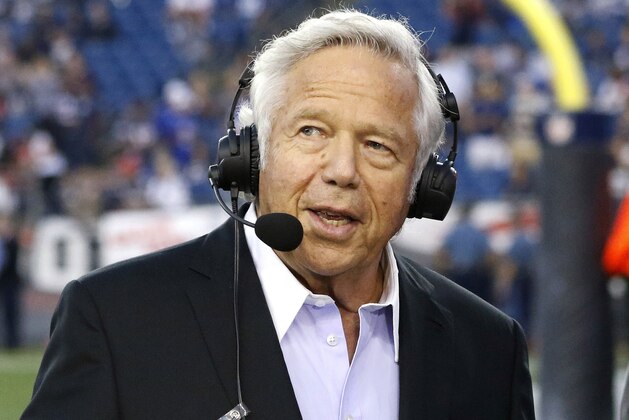 New England Patriots owner Robert Kraft speaks during a television interview on the sideline before an NFL preseason football game against the New York Giants, Thursday, Aug. 31, 2017, in Foxborough, Mass. (AP Photo/Steven Senne)