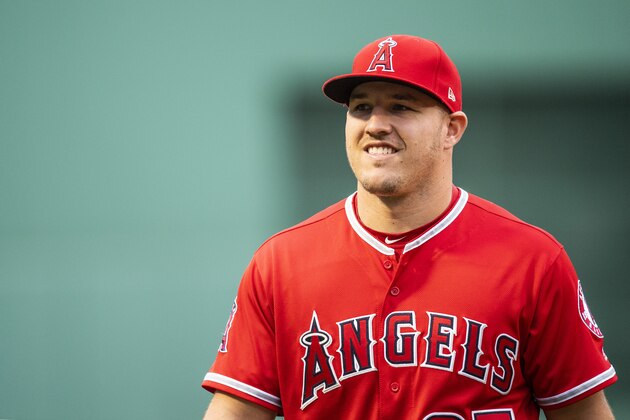 BOSTON, MA - JUNE 27: Mike Trout #27 of the Los Angeles Angels of Anaheim reacts before a game against  the Boston Red Sox on June 27, 2018 at Fenway Park in Boston, Massachusetts. (Photo by Billie Weiss/Boston Red Sox/Getty Images)