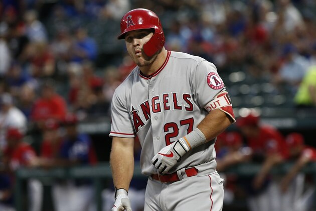 Los Angeles Angels' Mike Trout (27) bats against the Texas Rangers during the first inning of a baseball game Monday, Sept. 3, 2018, in Arlington, Texas. (AP Photo/Mike Stone)
