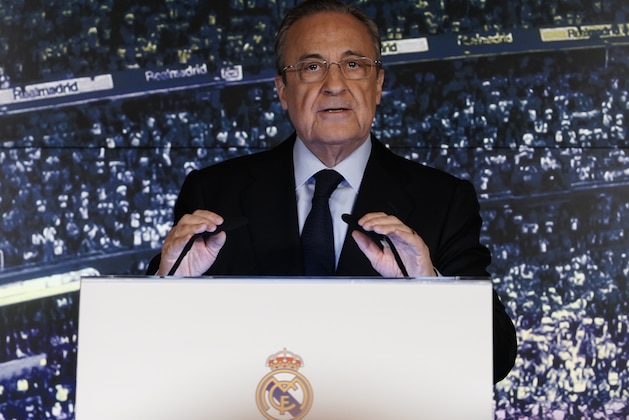MADRID, SPAIN - MARCH 11: Florentino Perez President of Real Madrid looks on at the announcement of Zinedine Zidane as new Real Madrid head coach at Estadio Santiago Bernabeu on March 11, 2019 in Madrid, Spain. (Photo by Quality Sport Images/Getty Images)