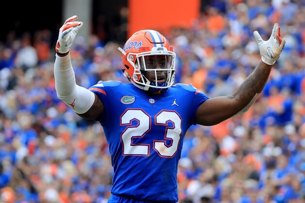 GAINESVILLE, FLORIDA - NOVEMBER 10: Chauncey Gardner-Johnson #23 of the Florida Gators asks the crowd for noise during the game against the South Carolina Gamecocks at Ben Hill Griffin Stadium on November 10, 2018 in Gainesville, Florida. (Photo by Sam Greenwood/Getty Images)
