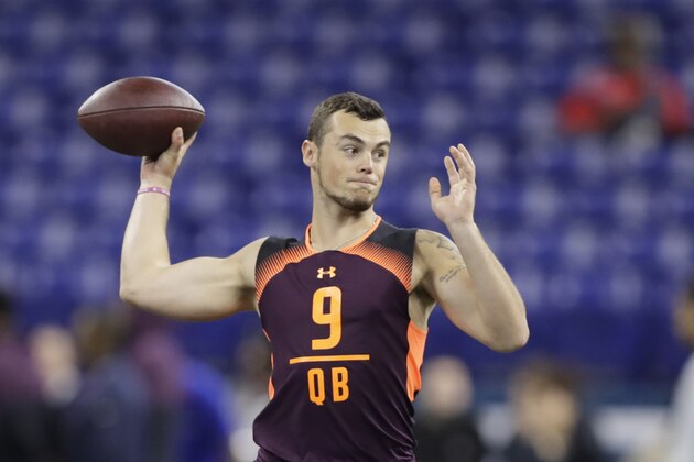 Penn State quarterback Trace McSorley runs a drill during the NFL football scouting combine, Saturday, March 2, 2019, in Indianapolis. (AP Photo/Darron Cummings)