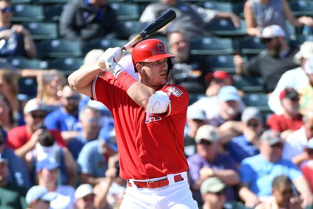 TEMPE, AZ - MARCH 01:  Mike Trout #27 of the Los Angeles Angels of Anaheim gets ready in the batters box during a spring training game against the Kansas City Royals at Tempe Diablo Stadium on March 1, 2019 in Tempe, Arizona.  (Photo by Norm Hall/Getty Images)