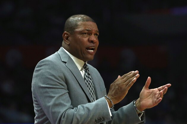 LOS ANGELES, CALIFORNIA - MARCH 17:  Head coach Doc Rivers of the Los Angeles Clippers urges on his players in the first half during the NBA game against the Brooklyn Nets at Staples Center on March 17, 2019 in Los Angeles, California. The Clippers defeated the Nets 119-116. NOTE TO USER: User expressly acknowledges and agrees that, by downloading and or using this photograph, User is consenting to the terms and conditions of the Getty Images License Agreement.  (Photo by Victor Decolongon/Getty Images)
