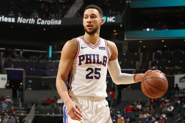CHARLOTTE, NC - MARCH 19: Ben Simmons #25 of the Philadelphia 76ers handles the ball against the Charlotte Hornets on March 19, 2019 at Spectrum Center in Charlotte, North Carolina. NOTE TO USER: User expressly acknowledges and agrees that, by downloading and or using this photograph, User is consenting to the terms and conditions of the Getty Images License Agreement.  Mandatory Copyright Notice:  Copyright 2019 NBAE (Photo by Kent Smith/NBAE via Getty Images)