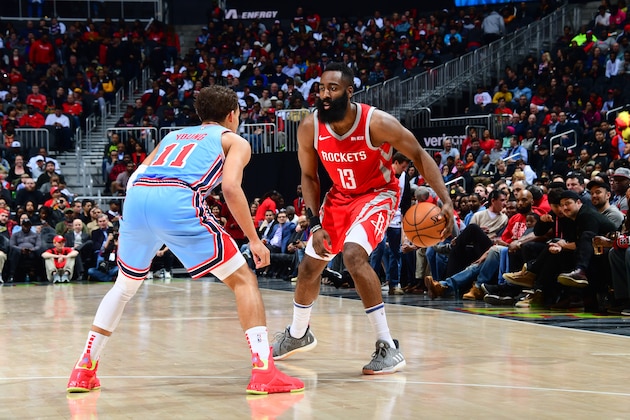 ATLANTA, GA - MARCH 19: James Harden #13 of the Houston Rockets handles the ball against the Atlanta Hawks on March 19, 2019 at State Farm Arena in Atlanta, Georgia.  NOTE TO USER: User expressly acknowledges and agrees that, by downloading and/or using this Photograph, user is consenting to the terms and conditions of the Getty Images License Agreement. Mandatory Copyright Notice: Copyright 2019 NBAE (Photo by Scott Cunningham/NBAE via Getty Images)