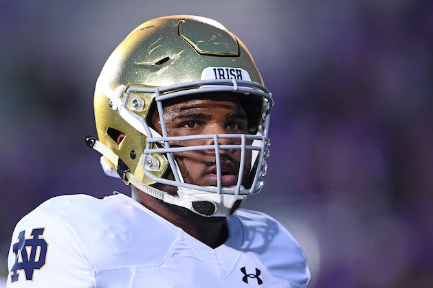 EVANSTON, IL - NOVEMBER 03:  Jerry Tillery #99 of the Notre Dame Fighting Irish participates in warmups prior to a game against the Northwestern Wildcats at Ryan Field on November 3, 2018 in Evanston, Illinois.  Notre Dame defeated Northwestern 31-21.  (Photo by Stacy Revere/Getty Images)