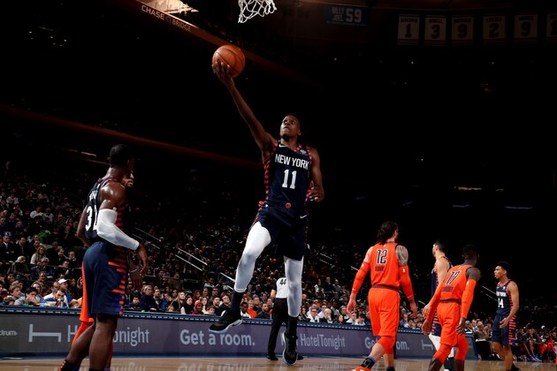 NEW YORK, NY - JANUARY 21: Frank Ntilikina #11 of the New York Knicks shoots the ball against the Oklahoma City Thunder on January 21, 2019 at Madison Square Garden in New York City, New York.  NOTE TO USER: User expressly acknowledges and agrees that, by downloading and or using this photograph, User is consenting to the terms and conditions of the Getty Images License Agreement. Mandatory Copyright Notice: Copyright 2019 NBAE  (Photo by Nathaniel S. Butler/NBAE via Getty Images)