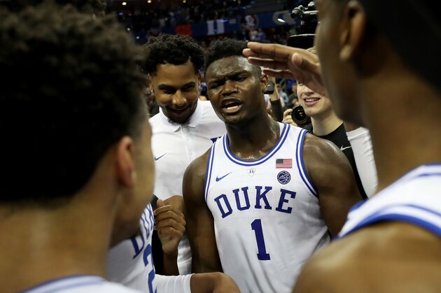 CHARLOTTE, NORTH CAROLINA - MARCH 16: Zion Williamson #1 of the Duke Blue Devils and teammates celebrate their 73-63 victory over the Florida State Seminoles in the championship game of the 2019 Men's ACC Basketball Tournament at Spectrum Center on March 16, 2019 in Charlotte, North Carolina. (Photo by Streeter Lecka/Getty Images)