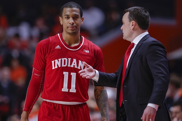 CHAMPAIGN, IL - MARCH 07: Devonte Green #11 talks with Head coach Archie Miller of the Indiana Hoosiers during the game against the Illinois Fighting Illini at State Farm Center on March 7, 2019 in Champaign, Illinois. (Photo by Michael Hickey/Getty Images)