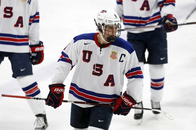 In this Wednesday, Nov. 21, 2018, photo, Jack Hughes, expected to be a top pick in the next NHL hockey draft, plays against Bowling Green in Plymouth, Mich. USA Hockey has developed the nation's top players for more than two-plus decades, producing a quartet of No. 1 overall picks in the NHL draft, including Auston Matthews and Patrick Kane. Hughes may be next. (AP Photo/Carlos Osorio)