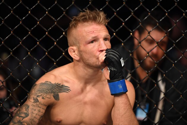 NEW YORK, NY - JANUARY 19:  TJ Dillashaw reacts after his loss to Henry Cejudo in their flyweight bout during the UFC Fight Night event at the Barclays Center on January 19, 2019 in the Brooklyn borough of New York City. (Photo by Josh Hedges/Zuffa LLC/Zuffa LLC via Getty Images)