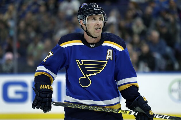 St. Louis Blues' Jaden Schwartz skates during the third period of an NHL hockey game against the Arizona Coyotes Tuesday, March 12, 2019, in St. Louis. The Coyotes won 3-1. (AP Photo/Jeff Roberson)