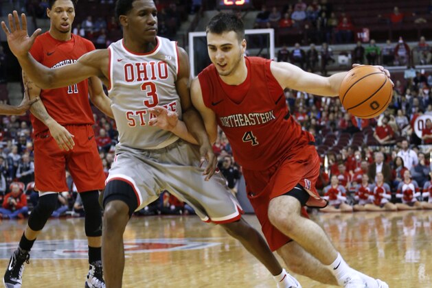 Northeastern's Vasa Pusica, right, drives to the basket as Ohio State's C.J. Jackson defends during the first half of an NCAA college basketball game Sunday, Nov. 19, 2017, in Columbus, Ohio. (AP Photo/Jay LaPrete)