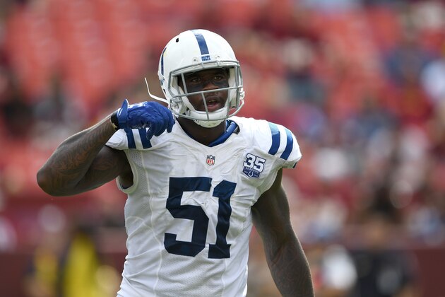 LANDOVER, MD - SEPTEMBER 16:  Jihad Ward #51 of the Indianapolis Colts celebrates during the game against the Washington Redskins at FedExField on September 16, 2018 in Landover, Maryland.  (Photo by G Fiume/Getty Images)