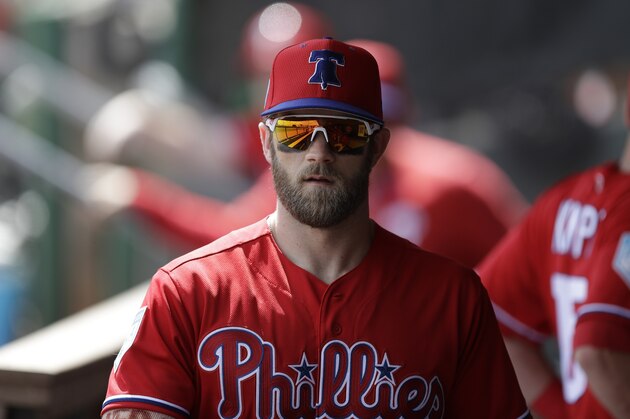 FILE - In this March 11, 2019 file photo Philadelphia Phillies right fielder Bryce Harper walks in the dugout before a spring training baseball game against the Tampa Bay Rays in Clearwater, Fla. Harper came to Philadelphia to do the one thing he didn't accomplish in Washington: Win in October. The Phillies gave him the biggest contract in baseball history to deliver. The 26-year-old slugger was a six-time All-Star, 2012 NL Rookie of the Year and 2015 NL Most Valuable Player during seven seasons with the Nationals. But he couldn't help Washington win a postseason series in four tries. (AP Photo/Chris O'Meara, file)