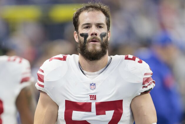 New York Giants middle linebacker Nate Stupar (57) warms up before an NFL football game against the Indianapolis Colts in Indianapolis, Sunday, Dec. 23, 2018. (AP Photo/AJ Mast)
