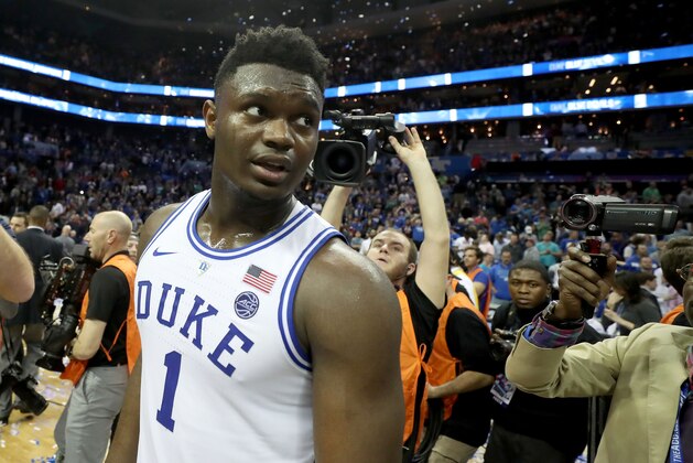 CHARLOTTE, NORTH CAROLINA - MARCH 16: Zion Williamson #1 of the Duke Blue Devils reacts after defeating the Florida State Seminoles 73-63 in the championship game of the 2019 Men's ACC Basketball Tournament at Spectrum Center on March 16, 2019 in Charlotte, North Carolina. (Photo by Streeter Lecka/Getty Images)