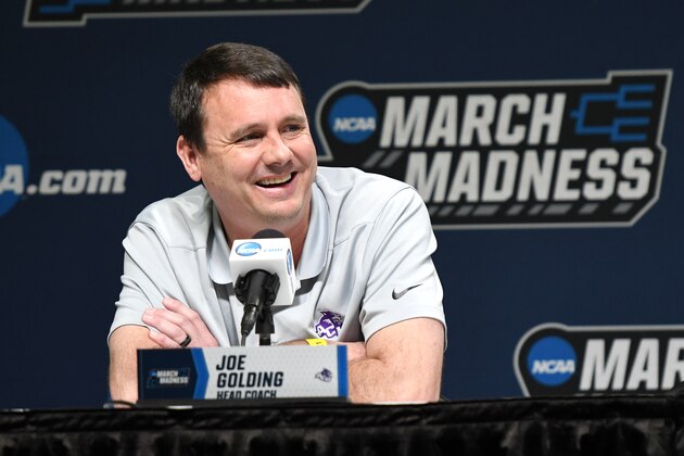 JACKSONVILLE, FL - MARCH 20:  Head coach Joe Golding of the Abilene Christian Wildcats addresses the media during a practice session for the first round of the NCAA basketball tournament at the VyStar Veterans Memorial Arena on March 20, 2019 in Jacksonville, Florida.  (Photo by Mitchell Layton/Getty Images)
