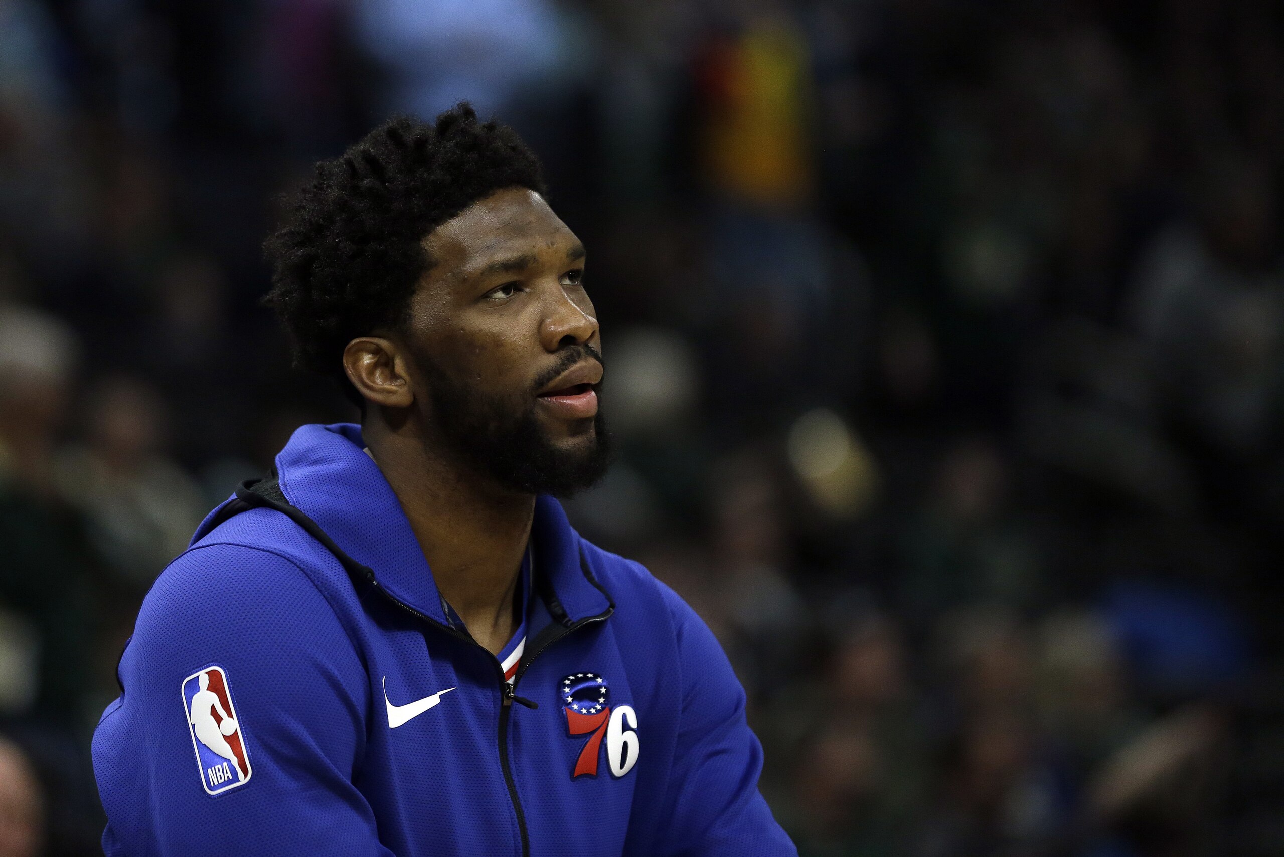 Philadelphia 76ers' Joel Embiid warms up before an NBA basketball game against the Milwaukee Bucks Sunday, March 17, 2019, in Milwaukee. (AP Photo/Aaron Gash)