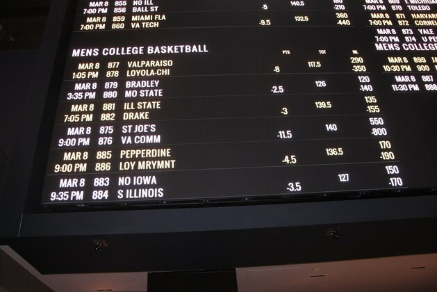 This March 8, 2019 photo shows college basketball betting odds on a screen at the Tropicana casino in Atlantic City N.J. Figures released on March 13, 2019 show New Jersey gamblers have wagered almost $2 billion on sporting events since it started nine months ago. (AP Photo/Wayne Parry)