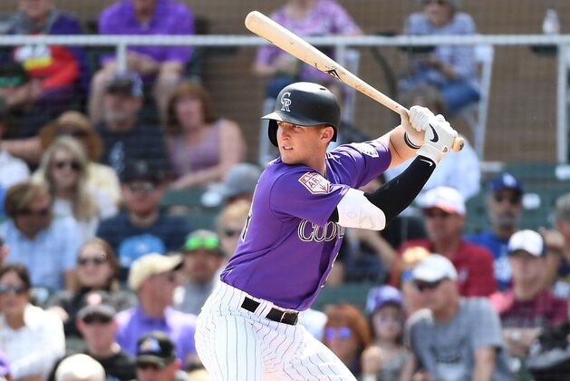 SCOTTSDALE, AZ - MARCH 15:  Ryan McMahon #24 of the Colorado Rockies gets ready in the batters box during a spring training game against the Kansas City Royals at Salt River Fields at Talking Stick on March 15, 2019 in Scottsdale, Arizona.  (Photo by Norm Hall/Getty Images)