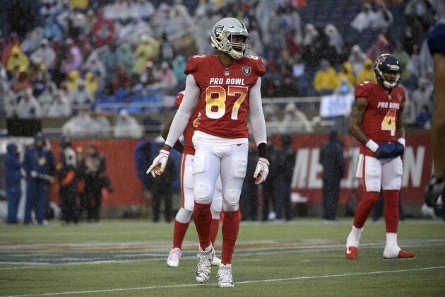 AFC tight end Jared Cook (87), of the Oakland Raiders, lines up for a play during the second half of the NFL Pro Bowl football game against the NFC Sunday, Jan. 27, 2019, in Orlando, Fla. (AP Photo/Phelan M. Ebenhack)