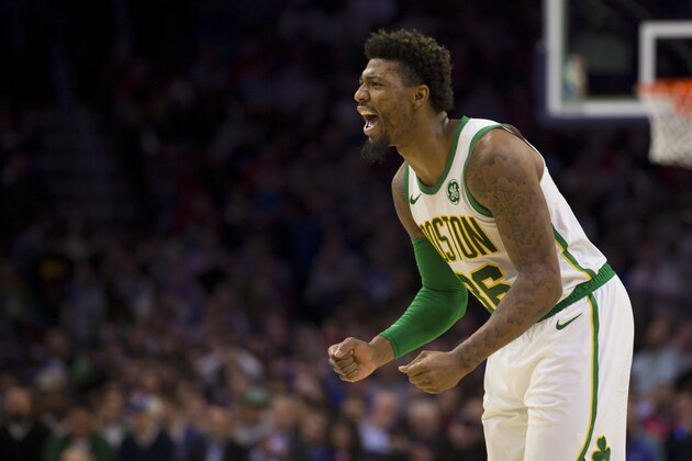 PHILADELPHIA, PA - MARCH 20: Marcus Smart #36 of the Boston Celtics reacts against the Philadelphia 76ers in the second quarter at the Wells Fargo Center on March 20, 2019 in Philadelphia, Pennsylvania. NOTE TO USER: User expressly acknowledges and agrees that, by downloading and or using this photograph, User is consenting to the terms and conditions of the Getty Images License Agreement.(Photo by Mitchell Leff/Getty Images)
