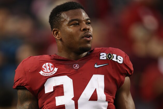 SANTA CLARA, CA - JANUARY 07:  Damien Harris #34 of the Alabama Crimson Tide warms up prior to the CFP National Championship against the Clemson Tigers presented by AT&T at Levi's Stadium on January 7, 2019 in Santa Clara, California.  (Photo by Christian Petersen/Getty Images)
