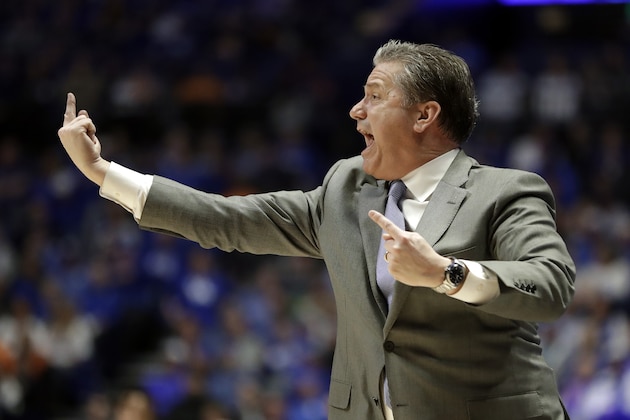 Kentucky head coach John Calipari yells to his players in the second half of an NCAA college basketball game against Alabama at the Southeastern Conference tournament Friday, March 15, 2019, in Nashville, Tenn. (AP Photo/Mark Humphrey)