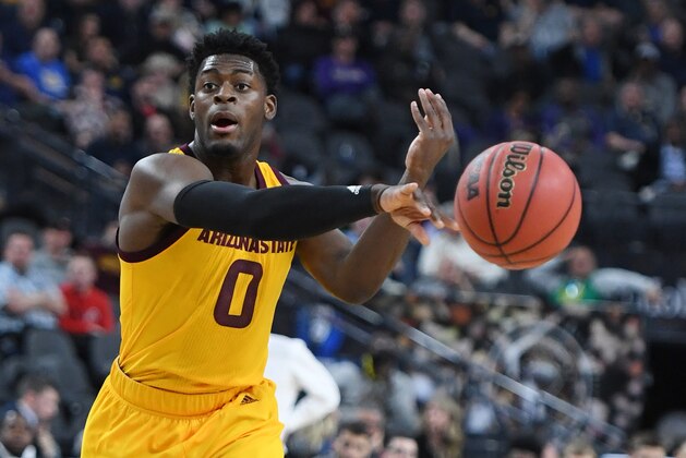 LAS VEGAS, NEVADA - MARCH 15:  Luguentz Dort #0 of the Arizona State Sun Devils passes against the Oregon Ducks during a semifinal game of the Pac-12 basketball tournament at T-Mobile Arena on March 15, 2019 in Las Vegas, Nevada. The Ducks defeated the Sun Devils 79-75 in overtime.  (Photo by Ethan Miller/Getty Images)
