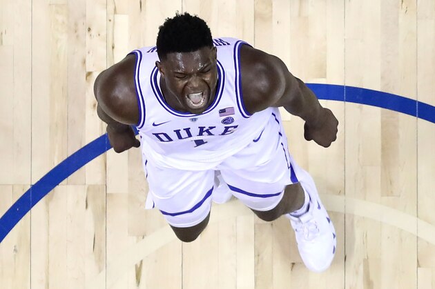 CHARLOTTE, NORTH CAROLINA - MARCH 16: Zion Williamson #1 of the Duke Blue Devils reacts after after a play on the way to defeating the Florida State Seminoles 73-63 in the championship game of the 2019 Men's ACC Basketball Tournament at Spectrum Center on March 16, 2019 in Charlotte, North Carolina. (Photo by Streeter Lecka/Getty Images)